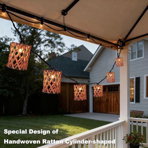 Decorative String Lights Plug in with 10 Incandescent Bulbs, Handwoven Rattan Cylinder-shaped Boho Lantern String Lights Connectable Weatherproof Outdoor Indoor for Bedroom Patio Pergola Decor (Brown) - color: Brown