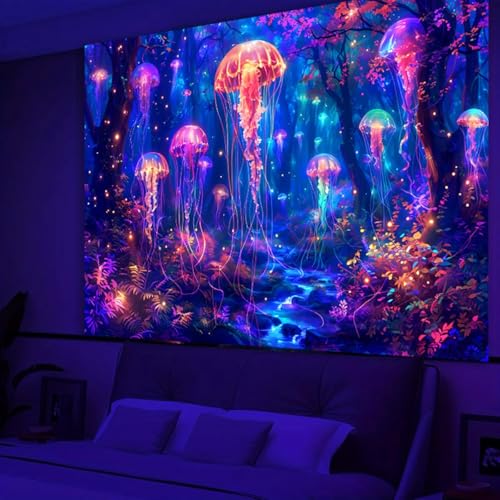 Simpkeely Blacklight Jellyfish Forest Tapestry, UV Reactive Fantasy Vibrant Neon Art Decor, Glow in The Dark Aquatic Life Wall Hanging Tapestries for Bedroom, Living Room - 70.9" x 90.6" - color: Jellyfish, size: 90.6"L x 70.9"W