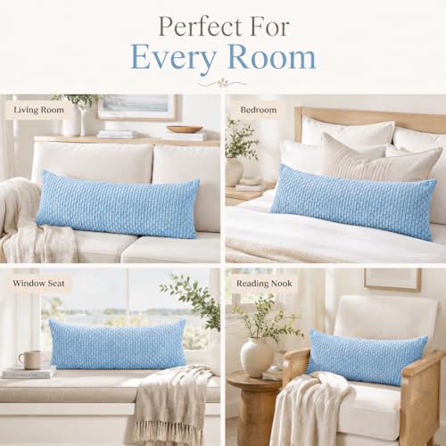 JoraLion 14x36 Boho Decorative Lumbar Throw Pillow Cover, Light Blue Cozy Soft Striped Corduroy Long Rectangle Cushion Case Accent Home Decor for Sofa Bed Room Livingroom, ONLY Cover - color: Light Blue, size: 36" x 14" (Pack of 1)