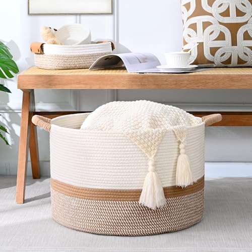 45L Blanket Basket, 17.5"x11.5" Woven Storage Baskets With Handle, Cotton Rope Blanket Basket Living Room, Baby Laundry Basket for Blanket, Nursery, Toy, Pillow (White & Brown) - color: White & Brown, size: 45L