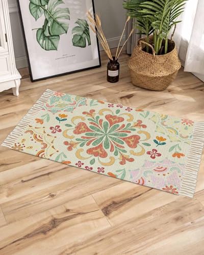 Beige Boho Bathroom Rug 2' x 3', Retro Ethnic Shabby Colorful Floral Patterned Low Profile Front Entryway Rug with Tassels, Woven Cotton Washable Kitchen Mat Carpet for Foyer Bedroom Back Door Decor - color: Multicolor Linen, size: 2' x 3' (Rectangular)