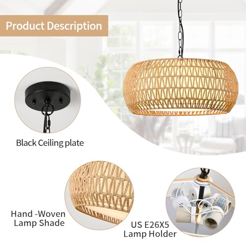 19 Inch Boho Chandeliers for Dining Room 5-Lights Farmhouse Light Fixtures Large Pendant Light Hand Woven Dining Table Light Fixture Rattan Hanging Lamp for Kitchen Island - size: 19 Inch