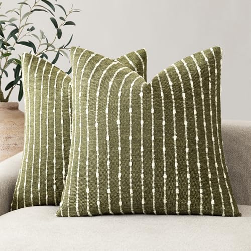 Foindtower Pack of 2 Decorative Jacquard Boucle Throw Pillow Covers Accent Textured Striped Pillowcases Cozy Modern Cushion for Couch Sofa Bedroom Living Room Home Decor 18x18 Inch Olive Green - color: Olive Green, size: 18" x 18" (Pack of 2)