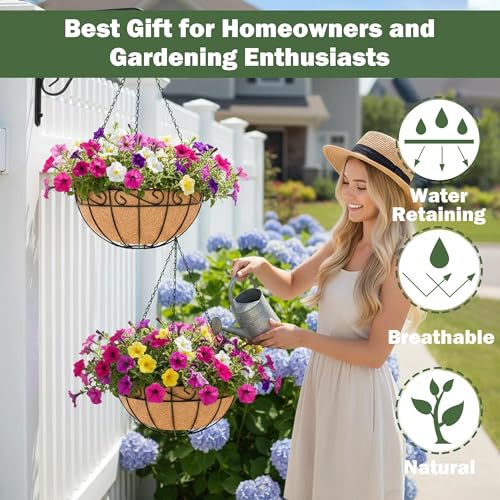 4 Pack 12 Inch Hanging Baskets for Plants Outdoor Metal Hanging Planter Basket with Coco Coir Liner Hanging Flower Baskets Hangings Flower Pots Holder for Garden, Patio(Flower) - size: 12 Inch, style: English