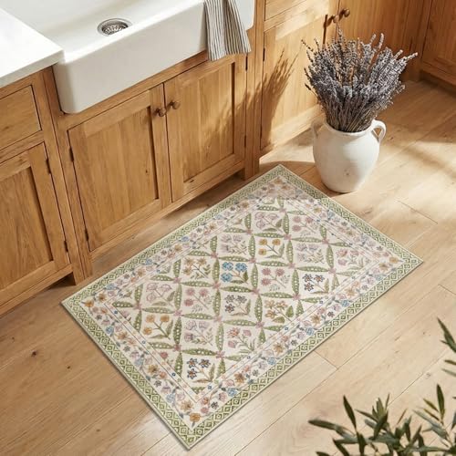 jinchan Haden Entryway Rug 2x3 Vintage Floral Washable Rug for Entrance Soft Non-Slip Low Pile Door Mat for Doorway Kitchen Bathroom Small Carpet Cottage Indoor Decor Sage Green - color: Sage Green, size: 2' x 3' (Rectangular)