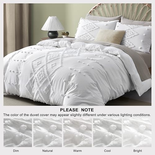 Oli Anderson Tufted Duvet Cover Queen Size, Soft and Lightweight Duvet Covers Set for All Seasons, 3 Pieces Boho Embroidery Shabby Chic Bedding Set (White, Queen, 90" x 90") - color: White, size: Full/Queen(90"×90")