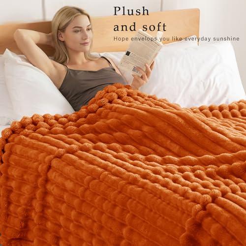 Exclusivo Mezcla Twin Size Flannel Fleece Blanket, Super Soft Striped Jacquard Bed Blanket, Lightweight Fuzzy Cozy for All Seasons, 60x80 Inches, Burnt Orange - color: Burnt Orange, size: Twin ( 60x80 IN )