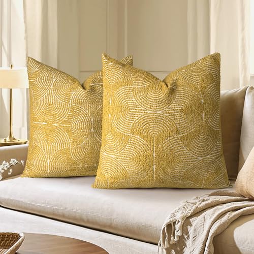 AELS Boho Decorative Textured Throw Pillow Covers 24x24, Organic Modern Mid Century Rainbow Tufted Pillow Case, Farmhouse Rustic Geometric Woven Cushion Case for Bed Couch Sofa, Mustard Yellow - color: Mustard Yellow, size: 24" x 24" (Pack of 2)