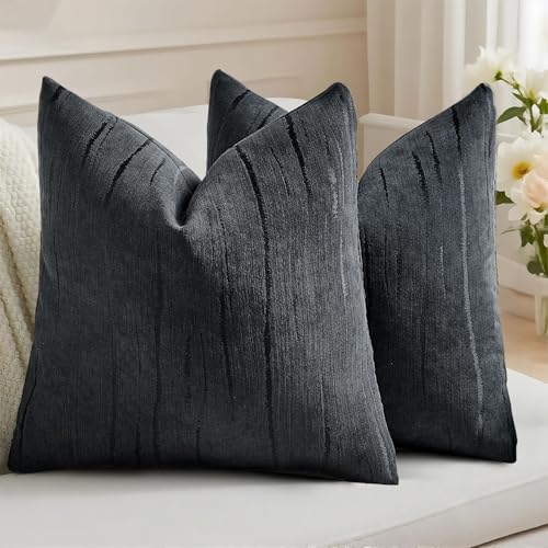 HAUSSY Pack of 2 Pillow Covers 16x16 Inch, Boho Embossed Decorative Throw Pillows Soft Striped Textured Cushion Covers Home Decor Patten Pillowcases for Couch Living Room Sofa Bed, Black (Covers Only) - color: Black, size: 16" x 16" (Pack of 2)