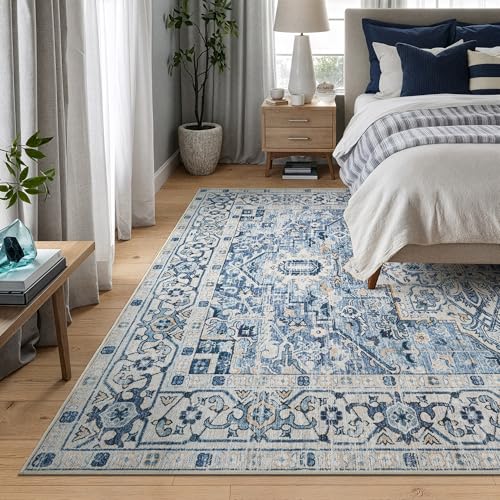 Bloom Rugs Caria Washable Non-Slip 6x9 Rug - Blue Traditional Area Rug for Living Room, Bedroom, Dining Room, and Kitchen - Exact Size: 6' x 9' - color: Blue, size: 6' x 9' (Rectangular)