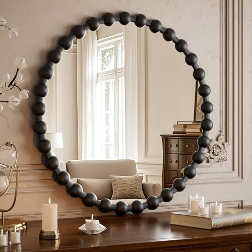 Easly Round Mirror for Wall, 28 Inch Black Beaded Frame Decorative Vanity Mirror, Circle Bathroom Mirror with High-Definition Lense, Modern Wall Decor for Bathroom, Living Room, Bedroom, Entryway - color: Black, size: 28"L x 28"W