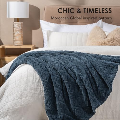 EverGrace Jacquard Boho Sherpa Fleece Throw Blanket for Couch, Super Soft Cozy Fuzzy Plush Blankets for All Seasons, Reversible Thick Warm Blanket for Bed, Sofa, Living Room, Stormy Blue, 50" x 60" - color: Stormy Blue, size: 50x60 Inches