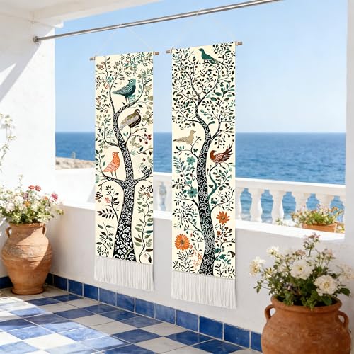 seewan 2 Pack Long Vertical Wall Tapestry, Boho Nature Landscape & Floral Aesthetic Wall Hanging for Bedroom Living Room Home Decor, Long Narrow Art Tapestry with Sunrise Mountain Botanical Designs, 13" × 51" (Art Nouveau Tree, 13"Wx51"H, Unframed) - colo
