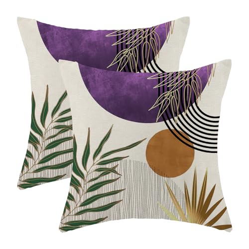 Boho Pillow Covers 16x16 Set of 2 Abstract Green Purple Gold Sunset Throw Pillow Covers Mid Century Bohemian Tropical Leaf Pillowcase Farmhouse Linen Cushion Case for Home Sofa Outdoor Decor - color: Mid Century-purple, size: 16" x 16" (Pack of 2)