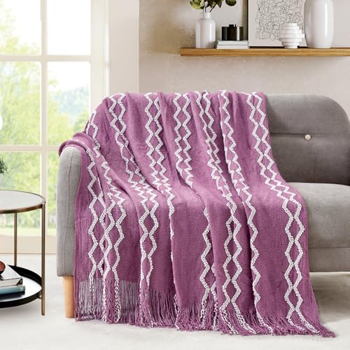 BOURINA Fluffy Chenille Knitted Fringe Throw Blanket Lightweight Soft Cozy for Bed Sofa Chair Throw Blankets Deep Purple 50" x 60" - color: A-purple, size: 50"×60"