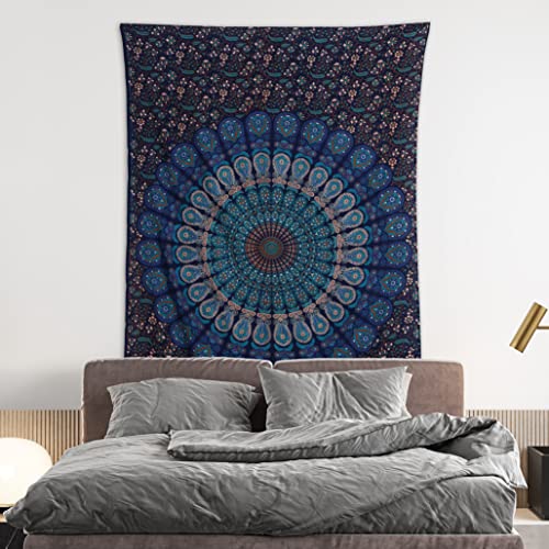 Bless International Handmade Indian hippie Bohemian Psychedelic Peacock Mandala Wall hanging College Dorm Beach Throws Table Cloth Bedding Tapestry (Blue Green, Medium(54x60Inches)(137x152cms)) - color: Blue Green, size: 60"L x 54"W
