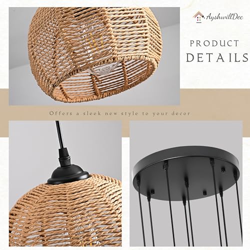 8-Light Woven Foyer Chandeliers for High Ceiling H100",8 Dome Boho Rattan Pendant Lights Farmhouse Ceiling Light,rustic Hemp rope Light Fixture For Living Room Hallway Staircase Entryway (Bulb Incl. - color: 16" Natural 8-Light