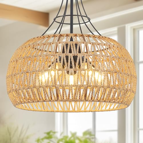 20" Rattan Farmhouse Chandeliers for Dining Room, 5-Light Boho Rattan Chandelier Light Fixtures with Woven Wicker Lampshade, Rustic Pendant Lighting for Kitchen Island, Living Room - color: Beige, size: 20 Inch