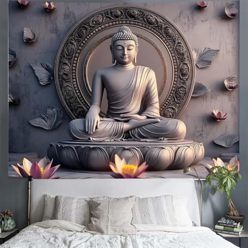 FENDROM Vintage Sitting Buddha Tapestry Wall Hanging Buddhist Statue Tapestries Lotus Meditation Wall Decor Psychedelic Indian Zen Art for Bedroom Living Room Home Decor - color: Grey2, size: 59"L x 51"W
