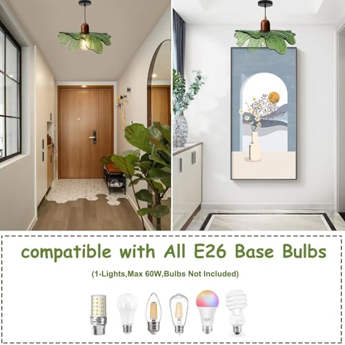 Modern Green Glass Pendant Light Fixtures 2-Pack Flower Pendant Lights Kitchen Island 59“ Adjustable Hanging Ceiling Lighting Wooden Grain Hanging Lamp for Farmhouse Dining Room - color: Green, 2 Pack