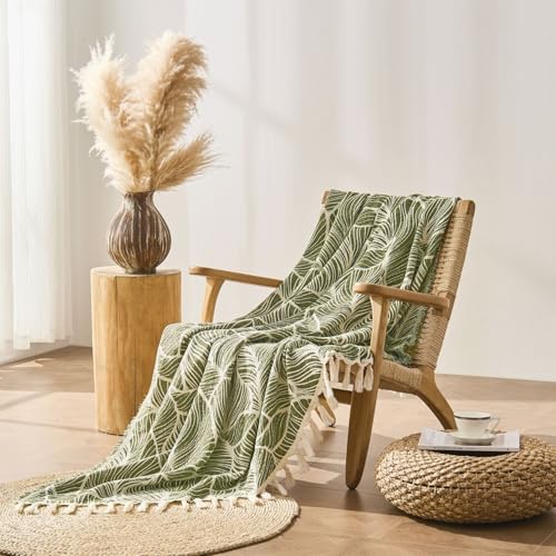 DOWN HOME Chenille Cotton Throw Blanket for Couch, Lightweight Boho Blanket for Bed Sofa Chair Living Room Outdoor Soft Woven Decorative Blanket with Tassel Gift Olive Leaves 50"x70" - color: Olive, size: 50"x70"