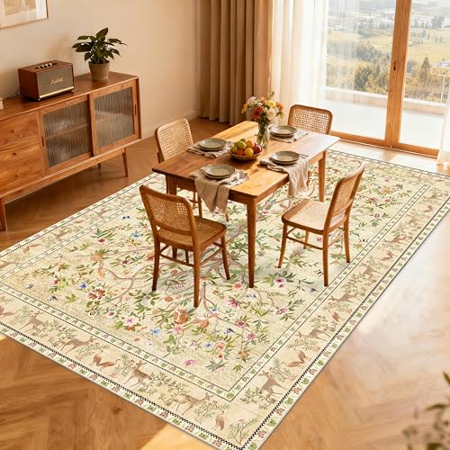 5x7 Area Rugs, Machine Washable Non-Slip Rug, Boho Floral Botanical Soft Low Pile Throw Rugs for Living Room, Bedroom, Dining Room, Office (Beige) - color: Beige, size: 7' x 5' (Rectangular)