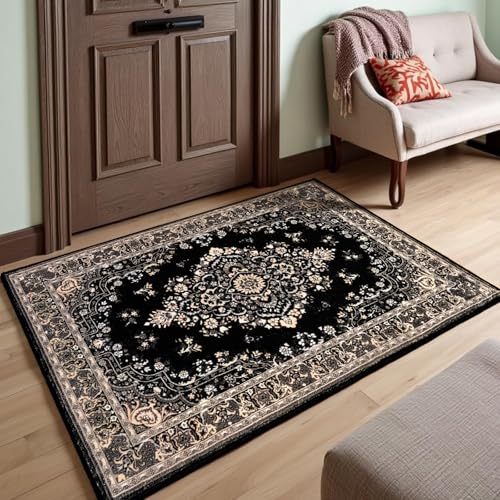 HOMORE 2x3 Area Rug Small Black Rugs for Bedroom, Washable Rug for Entryway, Non Slip Low Pile Indoor Door Mat for Entrance Small Kitchen Rugs Vintage Floral Rug for Living Room Dorm Decor - color: Black, size: 2' x 3' (Rectangular)