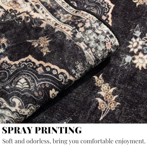 MUJOO Black Rug 2'x3',Small Washable Area Rugs for Entryway Kitchen Bathroom Bedroom,Boho Vintage Bohemian Distressed Farmhouse Non Slip Carpet, Floral - color: Black, size: 2' x 3' (Rectangular)