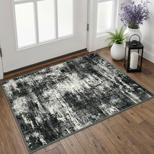 Lansny Abstract Small Area Rug 2x3 Entryway Rugs Washable Door Mat Entrance, Non Slip Kitchen Rugs, Rubber Backed Throw Rug Printed Faux Wool Floor Carpet for Front Door Foyer Entry Sink, Black Grey - color: Charcoal Black / Grey / Ivory, size: 2' x 3' (R