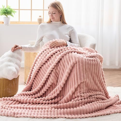 NEWCOSPLAY Super Soft Throw Blanket Pink Premium Silky Flannel Fleece 3D Ribbed Jacquard Lightweight Bed Blanket All Season Use (Pink Ribbed, Throw(50"x60")) - color: Pink Ribbed, size: Throw(50"x60")