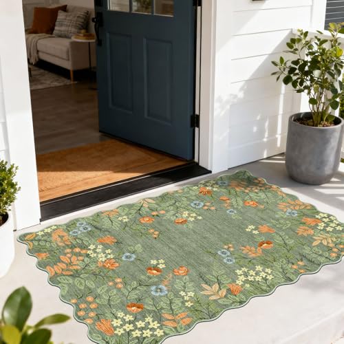 Floral Outdoor Rug - 28" x 43" Front Door Mat Indoor Outside Entrance Non-Slip Washable Outdoor Mat Sage Green Boho Flower Rug for Entryway Kitchen Bedroom Layered Doormat for Front Porch - color: Floral - Green, size: 2'4" x 3'7" (Rectangular)