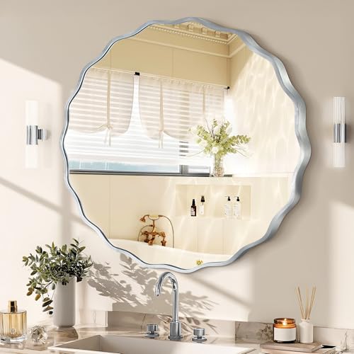 Gold Round Mirror for Wall, 24"x24" Decorative Wavy Bathroom Mirror with Brushed Alloy Steel Frame & Shatter-Proof Glass, Hanging Circle Wall Mirrors for Bathroom, Entryway (Silver, Small) - color: Silver, size: Small