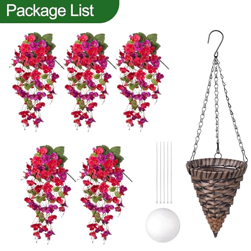 Artificial Fake Hibiscus Hanging Flowers Baskets for Outdoor Decoration, Faux Plants Silk Hibiscus Long Vines in Planter UV Resistant Realistic Flowers for Outside Porch Patio Home Decor, RedPurple - color: Redpurple