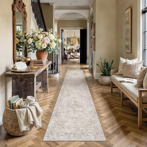 HUGEAR Hallway Runner Rugs 2x10 Washable Rug Beige Vintage Rug Carpet Low Pile Non Slip No Shedding Soft Durable Indoor Bedroom Kitchen Home Decor Floor Mat - color: Beige, size: 2' x 10' (Runner)