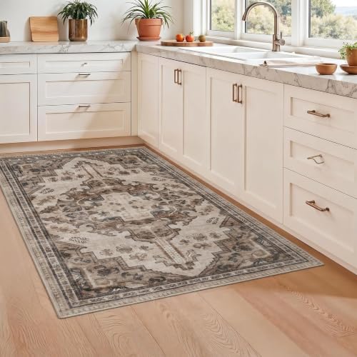 Joydeco 3x5 Area Rugs Vintage for Living Room, Light Coffee | Non Slip Machine Washable Low Pile for Living Room Bedroom Dining Room Home Office Pet & Child Friendly - color: Light Coffee, size: 3' x 5' (Rectangular)