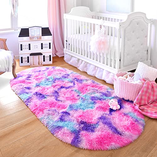 junovo Ultra Soft Washable Shaggy Rug - Non-Slip Oval Carpet for Nursery, Kids Bedroom & Home Decor (2.6x5.3ft Tie-Dye Hot Pink) | Plush Fluffy Floor Mat for Cozy Living Spaces - color: Tie-dye Hot Pink, size: 2.6' x 5.3'
