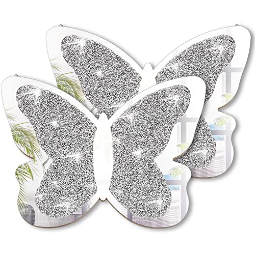 Vesici 2 Pieces Butterfly Shaped Mirror Crystal Crushed Diamond Silver Mirror Silver Wall Decor for Living Room Modern Decorative Artwork for Nursery Wedding Decor(11.8 x 8.8 Inch) - size: 11.8 x 8.8 Inch