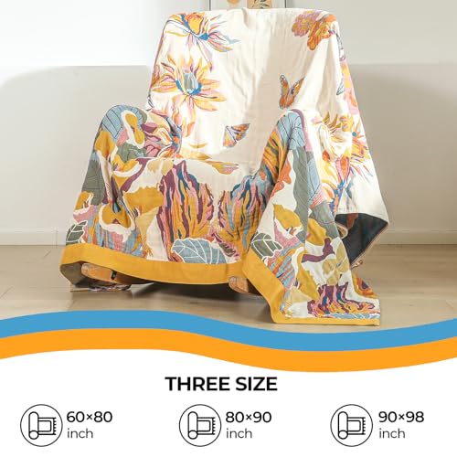 Boho Large Throw Blanket for Bed Couch 60" x 80 "100% Cotton 4-Layer Gauze Summer Blanket Home Decor Soft Lightweight for Sofa Quilt with Floral Butterfly - color: Butterflies and Flowers, size: 60''x80''