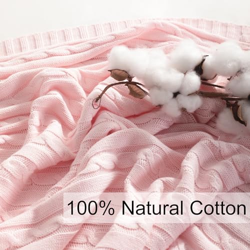 NTBAY 100% Pure Cotton Cable Knit Throw Blanket, Super Soft Warm 51x67 Knitted Throw Blanket for Couch, Sofa, Chair, Bed - Extra Cozy, Machine Washable, Comfortable Home Decor, Baby Pink - color: Baby Pink, size: Throw(51"x67")