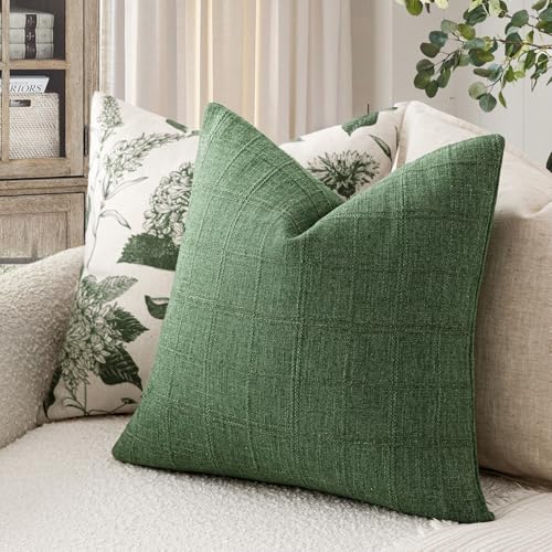 Foindtower Set of 1 Decorative Linen Check Throw Pillow Cover Neutral Farmhouse Vintage Cushion Cover Modern Boho Accent Home Decor for Sofa Chair Couch Bedroom Living Room,16×16 Inch,Forest Green - color: Forest Green, size: 16" x 16" (Pack of 1)