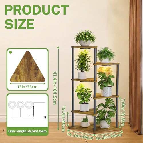 iDavosic.ly Tall Plant Stand with Grow Lights for Large & Heavy Duty Planters, 5 Tier Indoor Corner Flower Shelf with Wooden Trays & Metal Frame, Orchid Rack for Living Room Balcony, Black & Brown - size: 5 Tier with Light