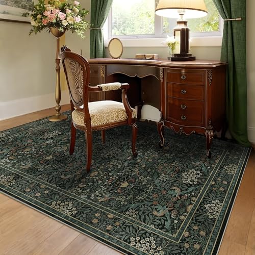 3x5 Floral Washable Area Rug for Living Room, Vintage Boho Rug for Bedroom Dining Room， Distressed Botanical Birds Non Slip Low Pile Forest Animal Throw Carpet for Farmhouse Office, Dark Green - color: Dark Green, size: 3' x 5' (Rectangular)