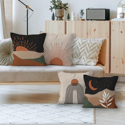 HIWX Boho Pillow Covers, Sun Moon Mountains Decorative Outdoor Throw Pillow Covers, Modern Sunshine Sunrise Landscape for Bedroom Home Decor - Set of 4, 18 x 18 - color: Black-boho-set of 4