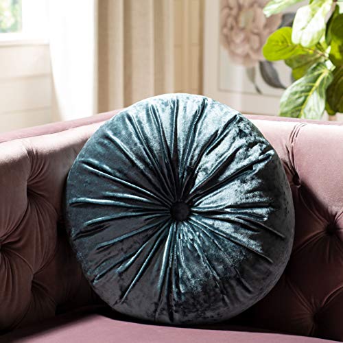 SAFAVIEH Home Caramia Smoke Blue Button Tufted 15-inch Round Decorative Pillow - color: Blue