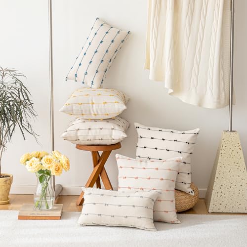 YEENAASY Boho Throw Pillow Covers 22x22 Set of 2 Modern Farmhouse Decorative Cushion Case Tufted Square Pillows Cover Neutral Pillow Cases Accent Pillowcase for Sofa,Couch,Bed,Beige and Blue - color: Beige and Blue, size: 22" x 22" (Pack of 2)