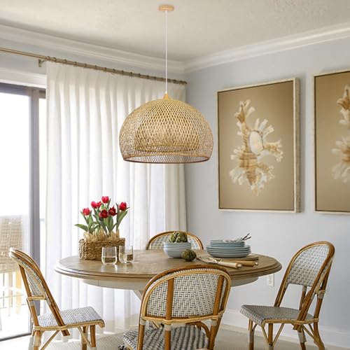 Arturesthome 23.6" Weaving Bamboo Pendant Light for Kitchen Island, Wicker Chandelier, Handmade Woven Hanging Ceiling Light Lampshade for Living Room Bedroom - size: B 23.6"*17.6"