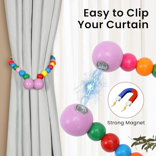 KLOGTSIND Magnetic Curtain Tiebacks, Curtain Tie Backs for Curtains 2 Pack, Wood Bead Curtain Tiebacks, Curtain Holders for Boho Bedroom Decor, Baby Nursery Decor, Farmhouse Décor - color: Multicolor