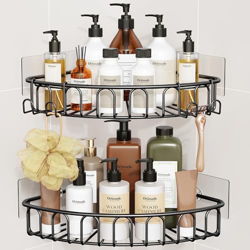 Orimade Corner Shower Caddy Stainless Steel with Hooks Wall Mounted Bathroom Shelf Storage Organizer Adhesive No Drilling 2 Pack, Black Only for 90-Degree Corner - color: Black