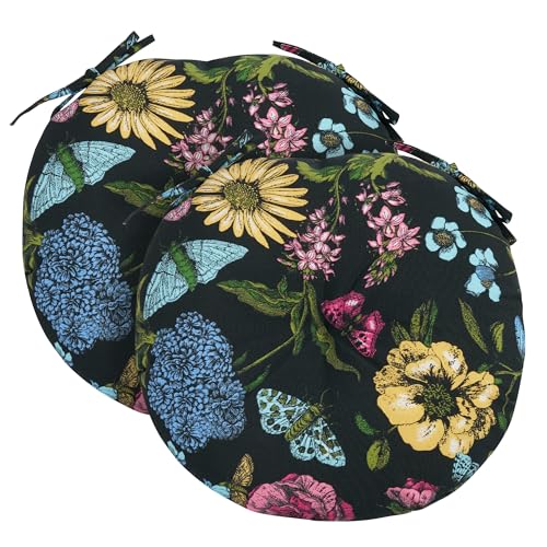 FUNHOME 15"x15"x4" Bistro Chair Cushion Set of 2, Water Repellent Round Outdoor Chair Cushions with Ties, Patio Tufted Chair Pads for Home Garden (Black Flower Butterfly) - color: Black Flower Butterfly