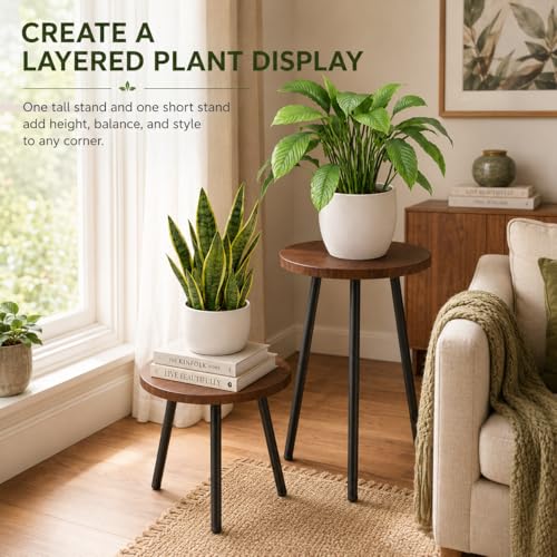 2 Pack Plant Stand Set: Small Round Plants Stand Indoor Wood Grain Plant Tables with Metal Legs - Indoor Outdoor Plant Stands for Living Room, Bedroom, Patio, Balcony, Brown, 150 lbs Capacity - color: Walnut, size: 14"&20"
